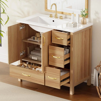 36" Bathroom Vanity with Ceramic Sink – Natural Wood Floating Style Cabinet with Modern Storage