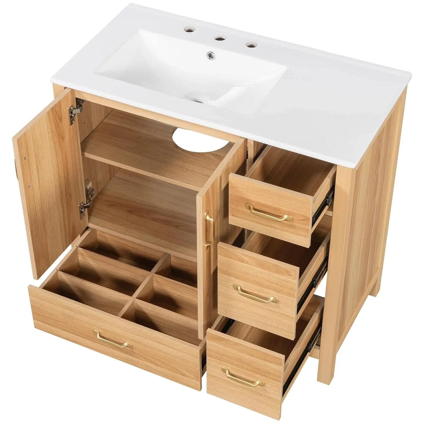 36" Bathroom Vanity with Ceramic Sink – Natural Wood Floating Style Cabinet with Modern Storage