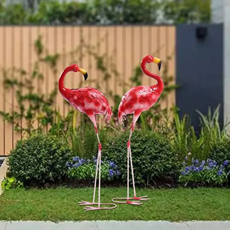 Metal Flamingo Garden Statues 2Pcs Outdoor Yard Art