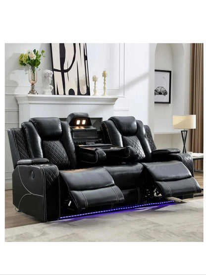 Power Reclining Sofa with Wireless Charger & LED Lights – Modern Living Room Couch with USB Ports & Cup Holders
