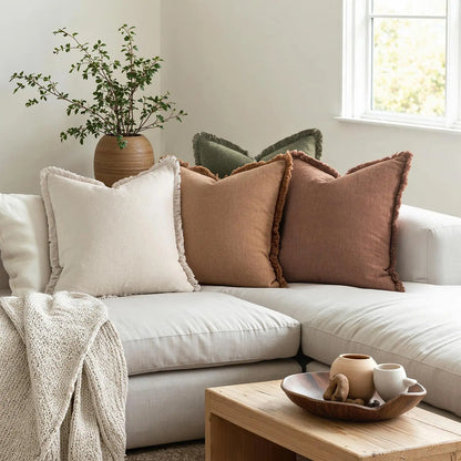 Decorative Couch Pillow Covers Neutral Linen Fringe Throw Pillows Set of 4 Soft Rustic Cushions Boho Farmhouse Pillowcases for Bed Sofa Living Room Spring Decor 18x18 Inch Beige/Brown/Green