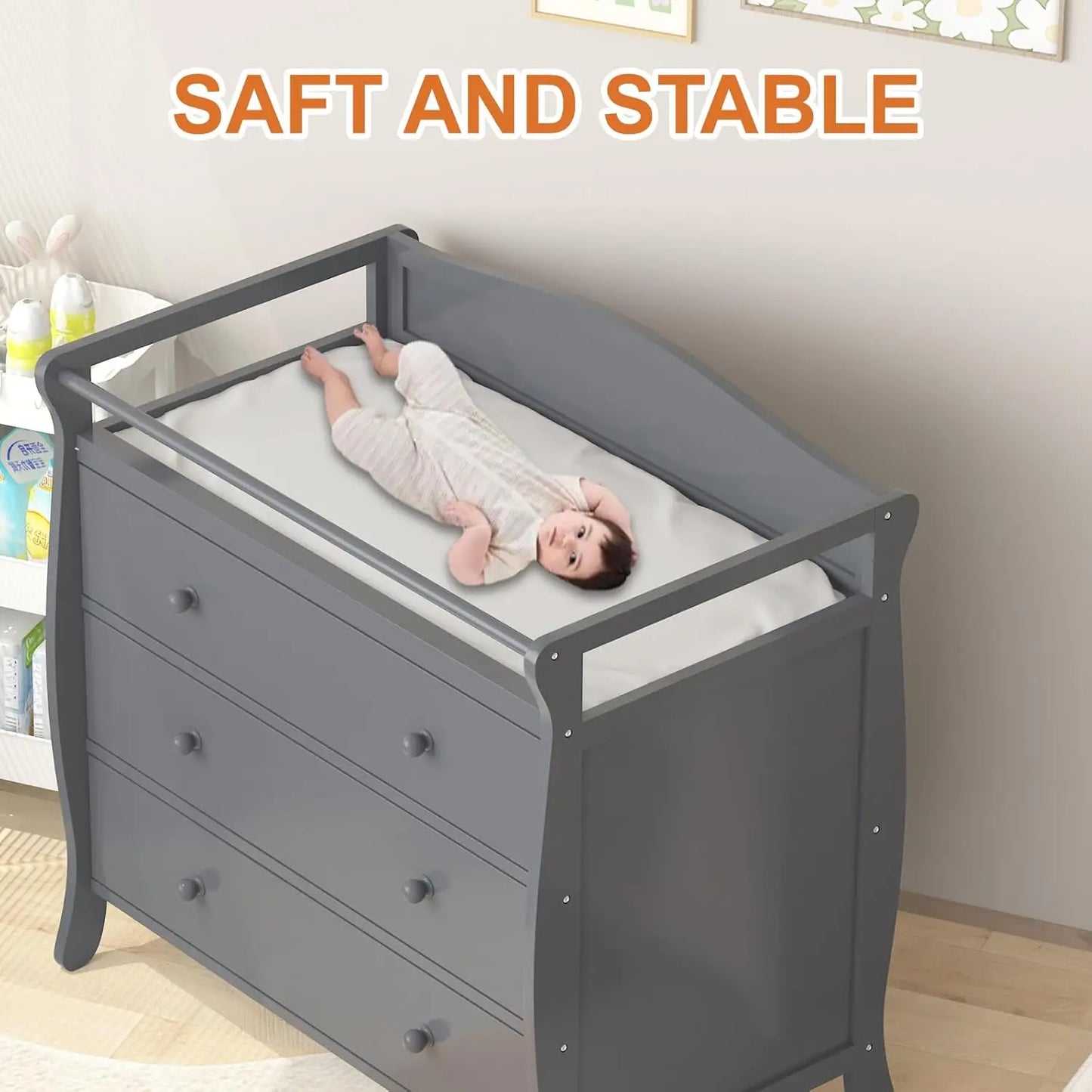 3-Drawer Wooden Baby Changing Table – Nursery Dresser with Safety Rails & Storage for Diaper Station