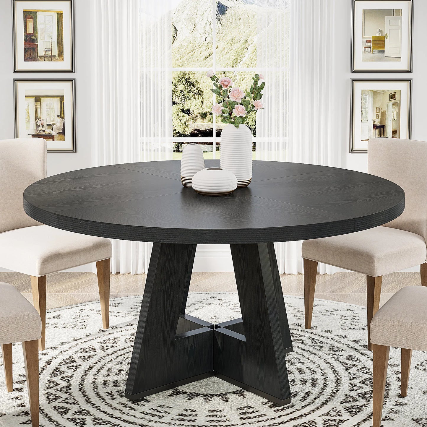 Round Farmhouse Dining Table – Rustic Kitchen Dinette Table for Small Space Dining & Everyday Meals