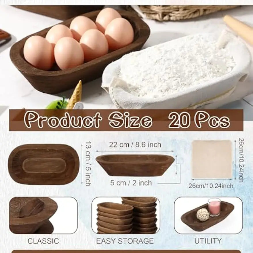 20 Piece Wooden Dough Bowl Set – Rustic Hand Carved Farmhouse Bowls for DIY Crafts, Decor and Centerpieces