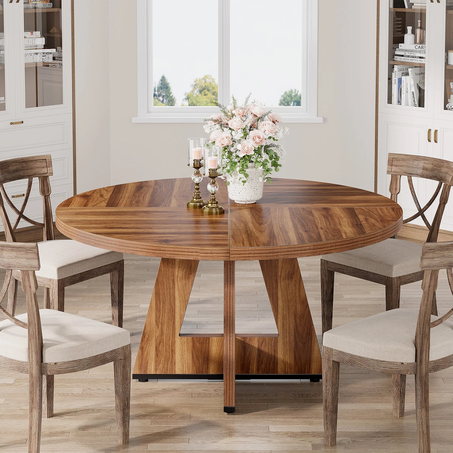 Round Farmhouse Dining Table – Rustic Kitchen Dinette Table for Small Space Dining & Everyday Meals