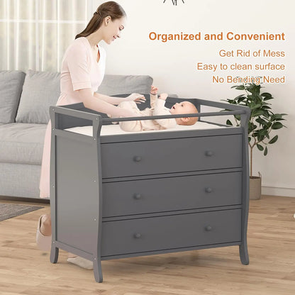 3-Drawer Wooden Baby Changing Table – Nursery Dresser with Safety Rails & Storage for Diaper Station