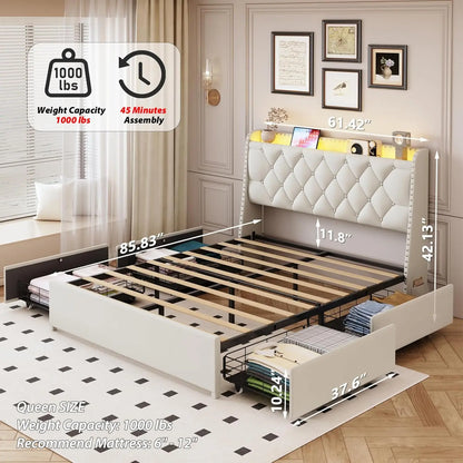 Upholstered Queen Platform Bed with Charging Station – Modern Headboard with USB Ports & Storage