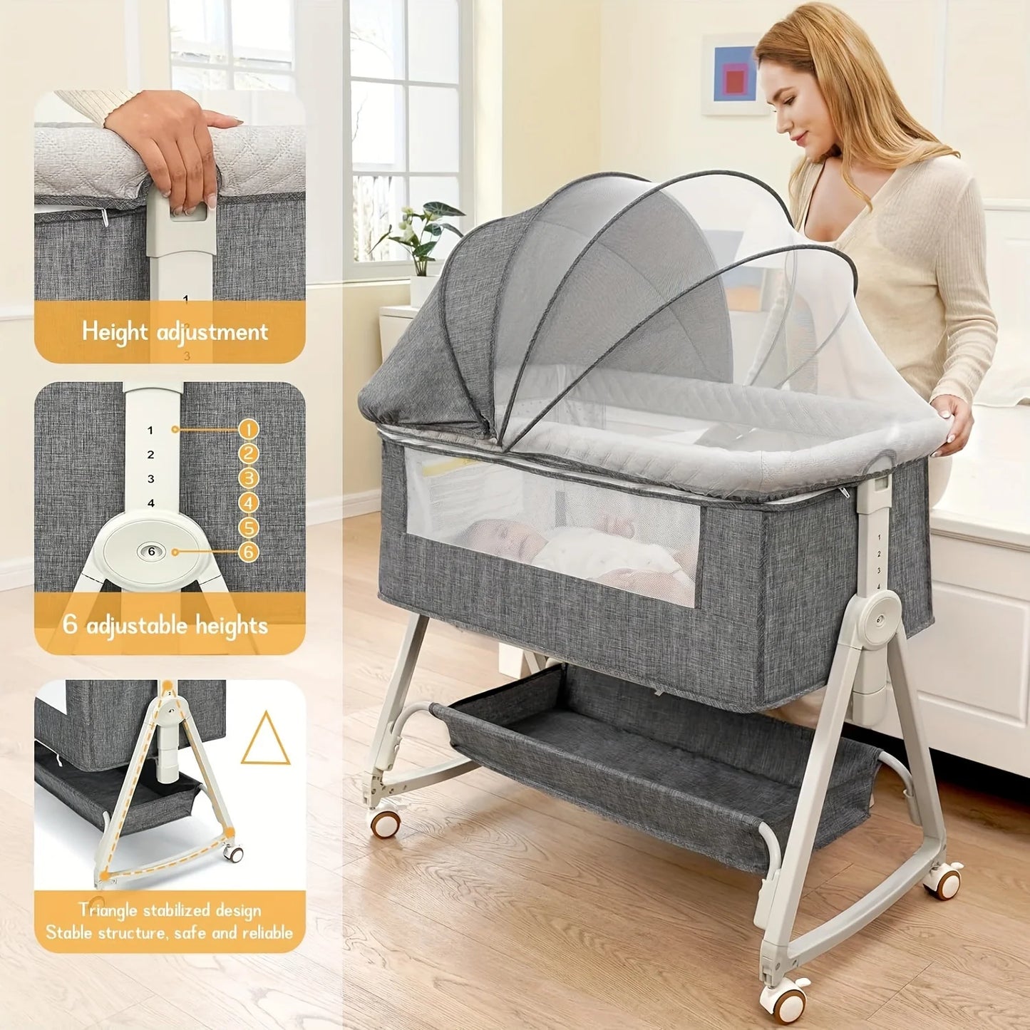 3-in-1 Bedside Bassinet Sleeper – Convertible Baby Crib with Adjustable Height and Portable Folding Design