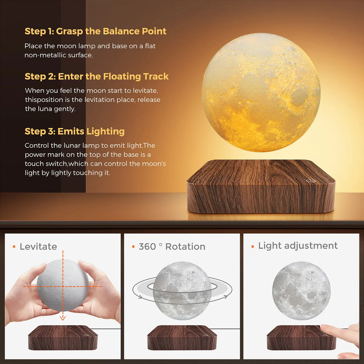 16 Colors Adjustable Brightness Levitating Moon Lamp with Remote Control