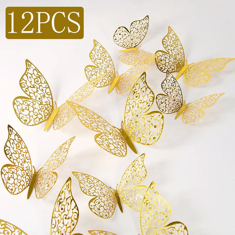 12 Piece 3D Butterfly Wall Decor Set – Gold Decorative Wall Stickers for Home and Room Decoration