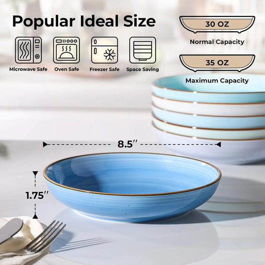 8.5'' Pasta Bowls Set of 6, 30 oz Ceramic Shallow Salad Bowls, Large Serving Soup Bowls Pasta Plates, Microwave & Dishwasher Safe