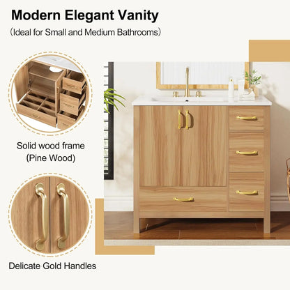 36" Bathroom Vanity with Ceramic Sink – Natural Wood Floating Style Cabinet with Modern Storage