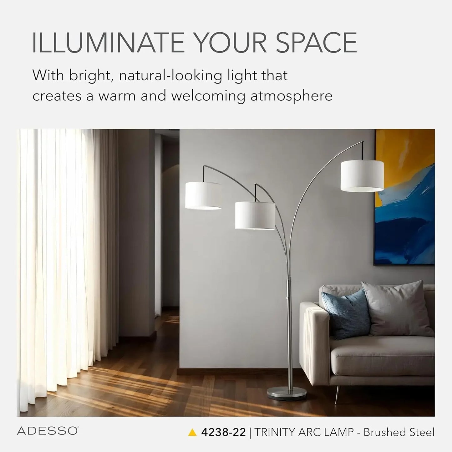 Arc Floor Lamp with 3 Movable Shades – Modern Dimmable Standing Lamp for Living Room or Bedroom