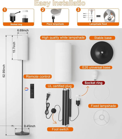 Dimmable Floor Lamp with Remote, 12W LED Bulb, Color Temperature Adjustable