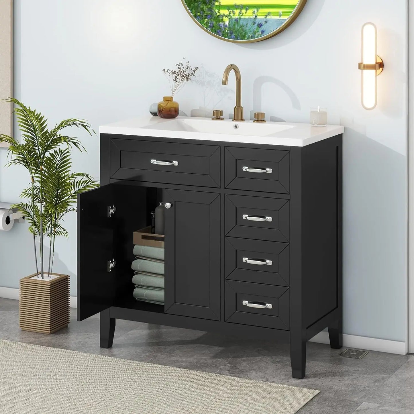 36" Bathroom Vanity with Ceramic Sink – Natural Wood Floating Style Cabinet with Modern Storage
