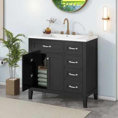 36" Bathroom Vanity with Ceramic Sink – Natural Wood Floating Style Cabinet with Modern Storage