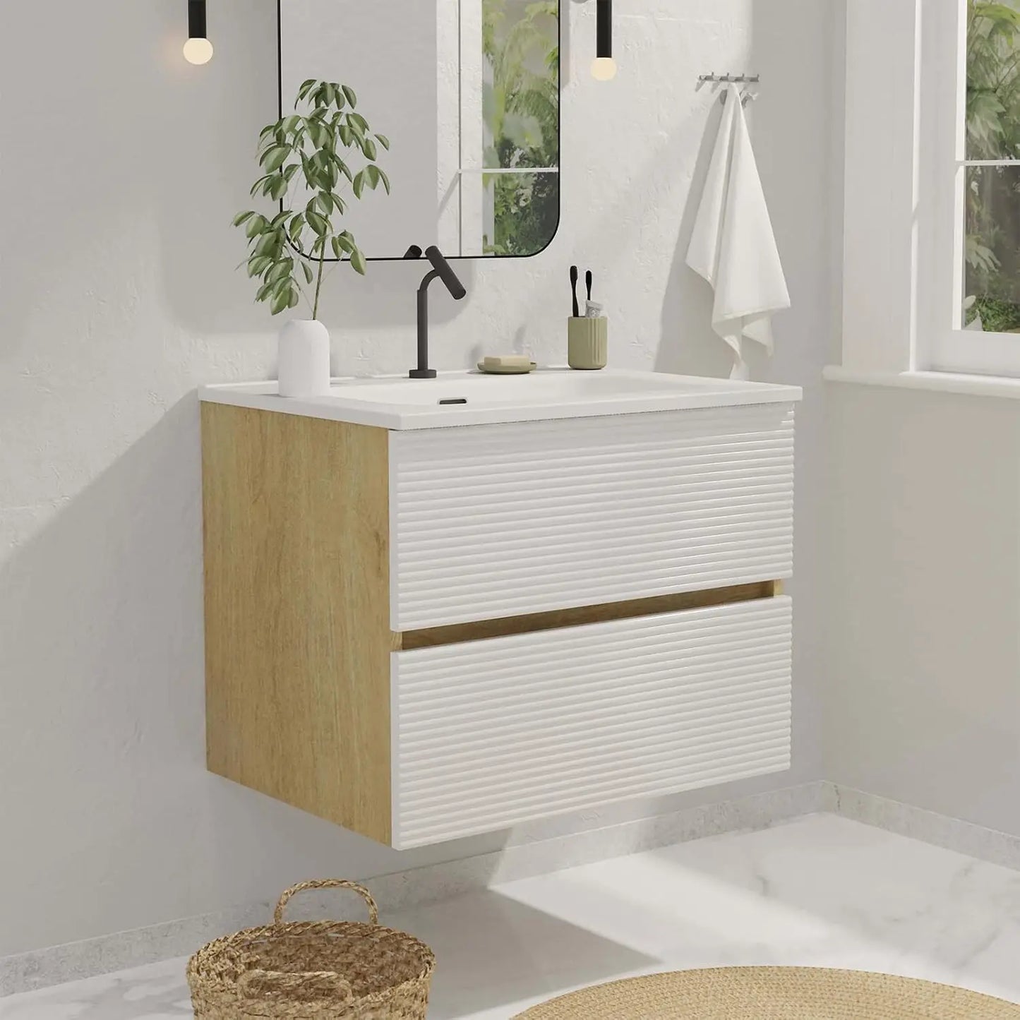 24" Wall Mount Vanity with Ceramic Sink – Modern Floating Bathroom Cabinet in Walnut & Black Finish