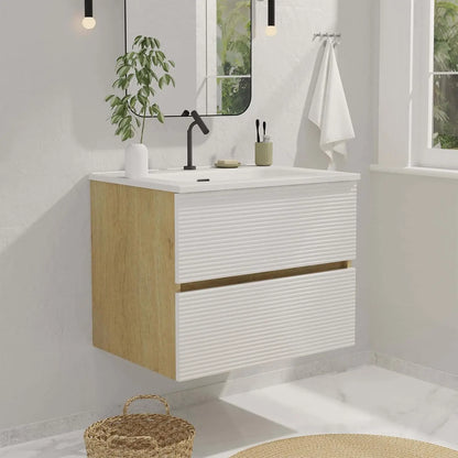 24" Wall Mount Vanity with Ceramic Sink – Modern Floating Bathroom Cabinet in Walnut & Black Finish