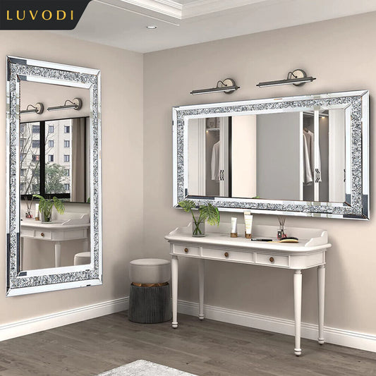 Large Silver Rhinestone Frameless Mirror – Sparkly Crystal Wall Decor for Bedroom, Living Room & Vanity