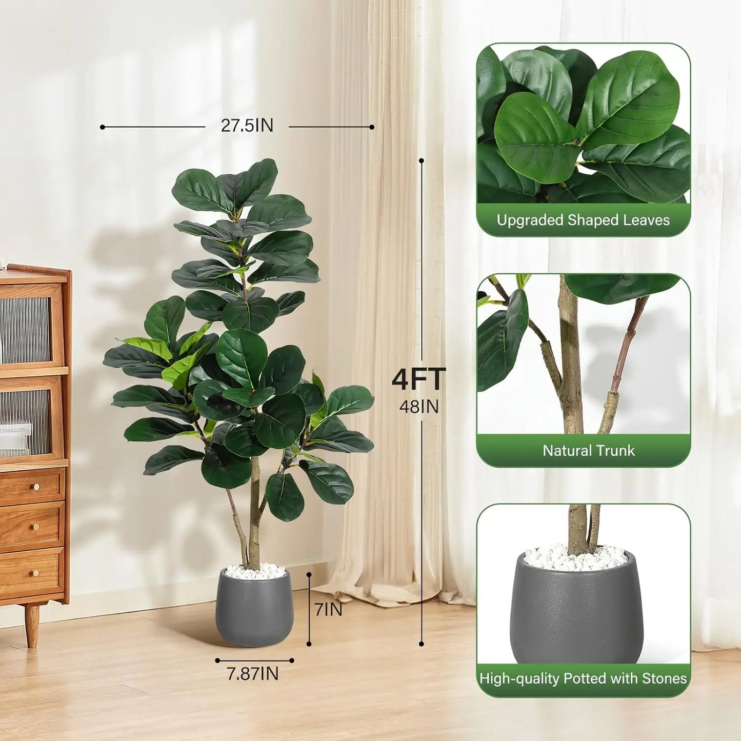 Artificial Fiddle Leaf Fig Tree (4–7 FT) – Lifelike Faux Indoor Floor Plant with Pot for Home & Living Room Decor