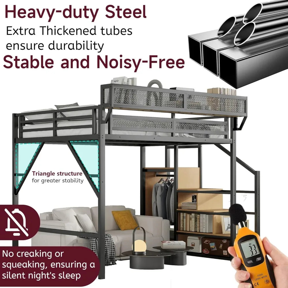 Queen Metal Loft Bed with Storage Stairs – Space-Saving Frame with Shelves & Under-Bed Storage Area