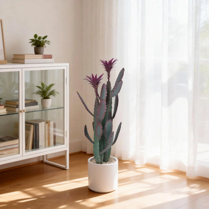 37.8" Artificial Cactus Plant with Purple Flower – UV Resistant Faux Floor Plant for Indoor Outdoor Decor