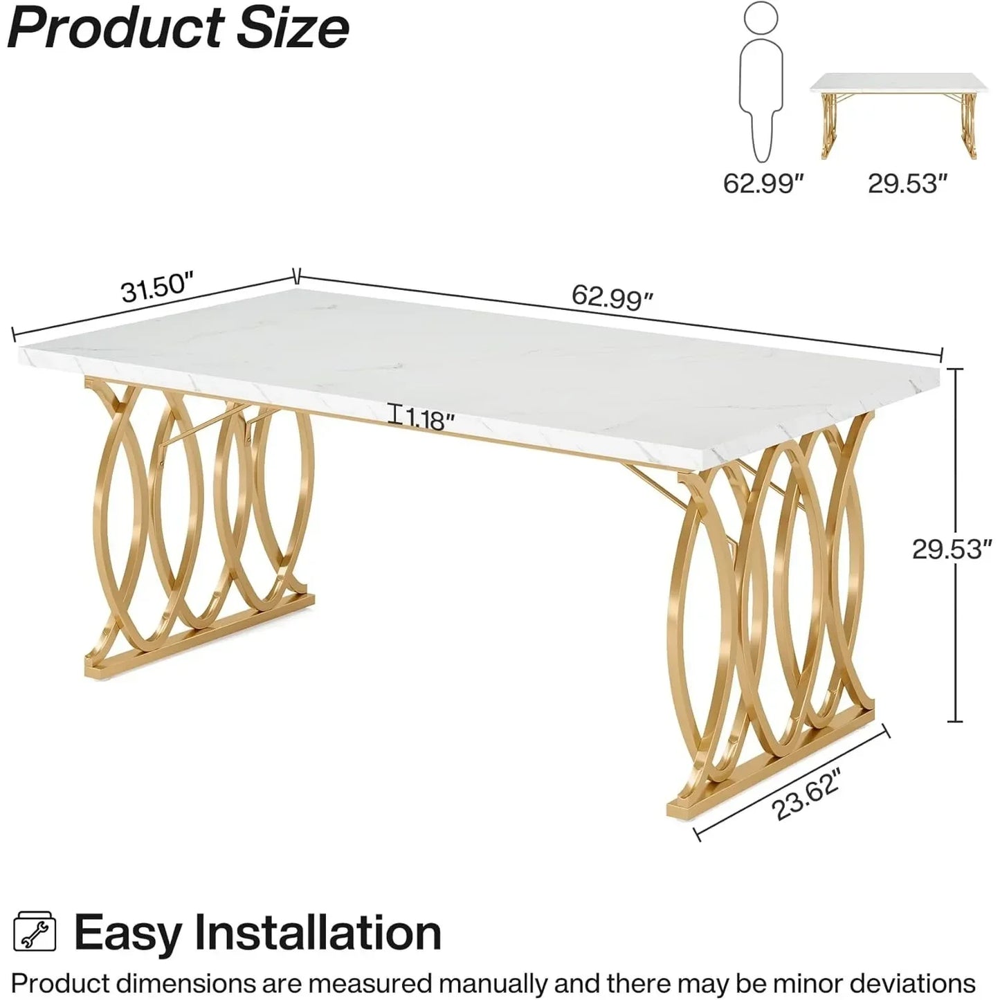 63" Modern Dining Table with Brass Accents – Large Rectangular Statement Table for Kitchen & Dining Room