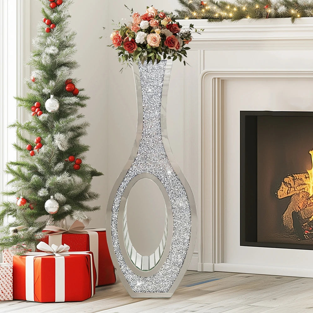 Tall Silver Mirrored Floor Vase – Crystal Crushed Diamond Decorative Glass Vase for Living Room or Entryway