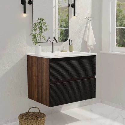 24" Wall Mount Vanity with Ceramic Sink – Modern Floating Bathroom Cabinet in Walnut & Black Finish
