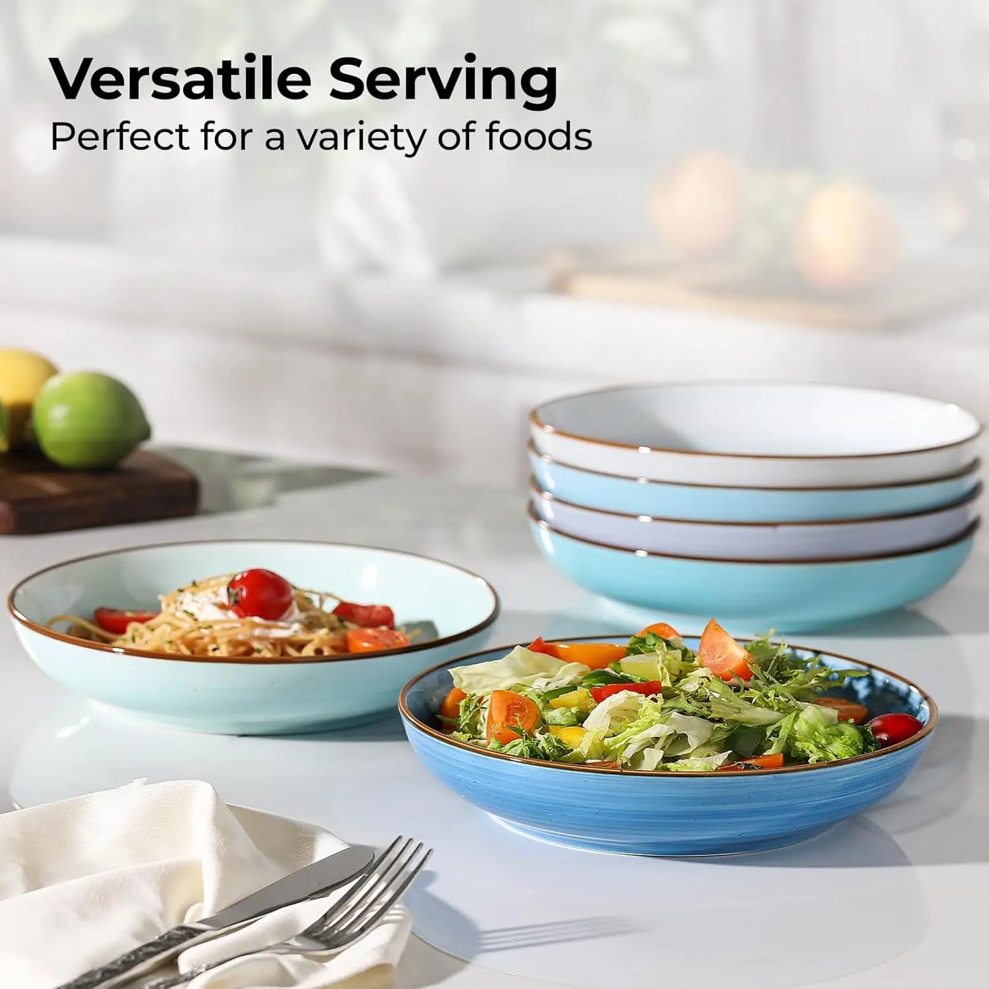 8.5'' Pasta Bowls Set of 6, 30 oz Ceramic Shallow Salad Bowls, Large Serving Soup Bowls Pasta Plates, Microwave & Dishwasher Safe