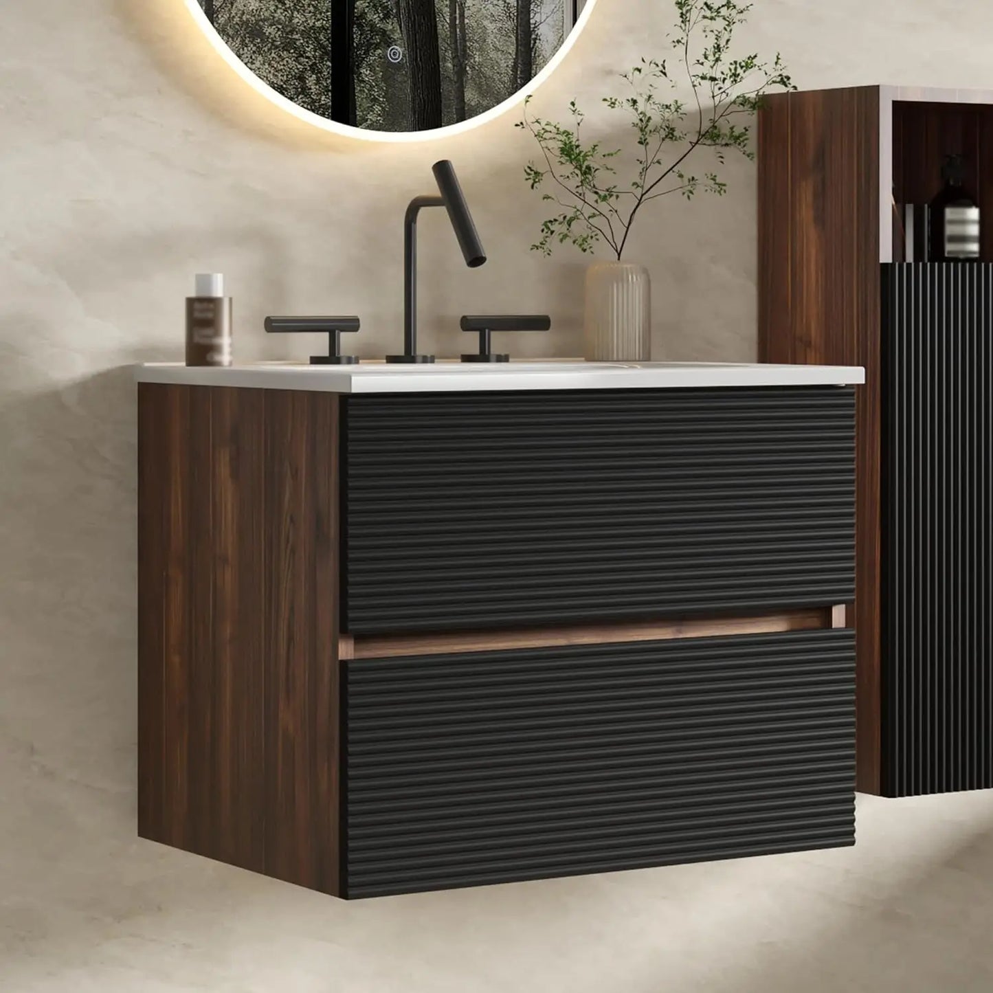 24" Wall Mount Vanity with Ceramic Sink – Modern Floating Bathroom Cabinet in Walnut & Black Finish