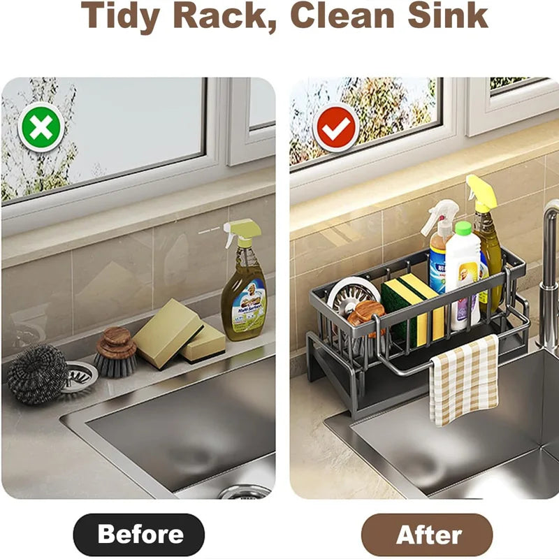 Carbon Steel Kitchen Sink Organizer – Compact Countertop Storage Rack with Drain Tray and Utensil Holder