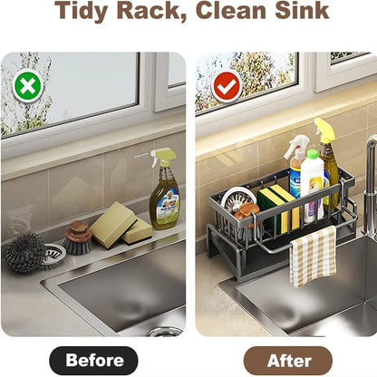 Carbon Steel Kitchen Sink Organizer – Compact Countertop Storage Rack with Drain Tray and Utensil Holder