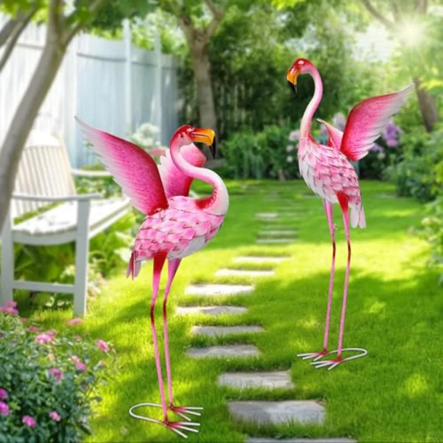 Flamingo Garden Statues Set of 2 – Metal Outdoor Yard Decor for Lawn, Patio or Backyard