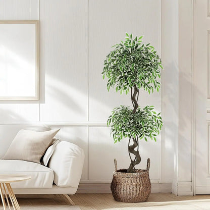 Artificial Ficus Tree – Lifelike Faux Indoor Floor Plant with White Planter and Decorative Moss