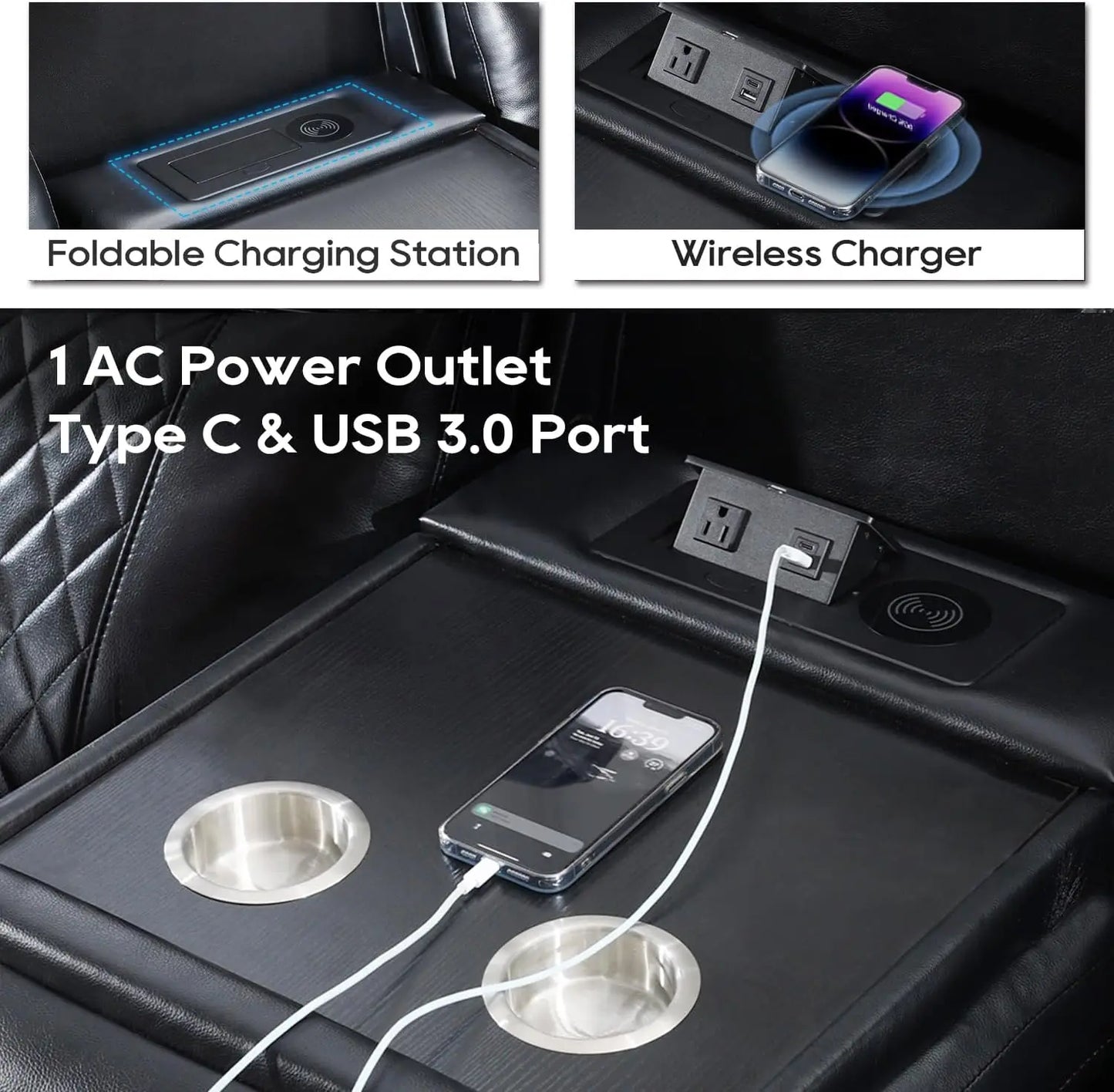 Power Reclining Sofa with Wireless Charger & LED Lights – Modern Living Room Couch with USB Ports & Cup Holders