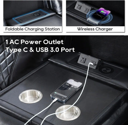 Power Reclining Sofa with Wireless Charger & LED Lights – Modern Living Room Couch with USB Ports & Cup Holders