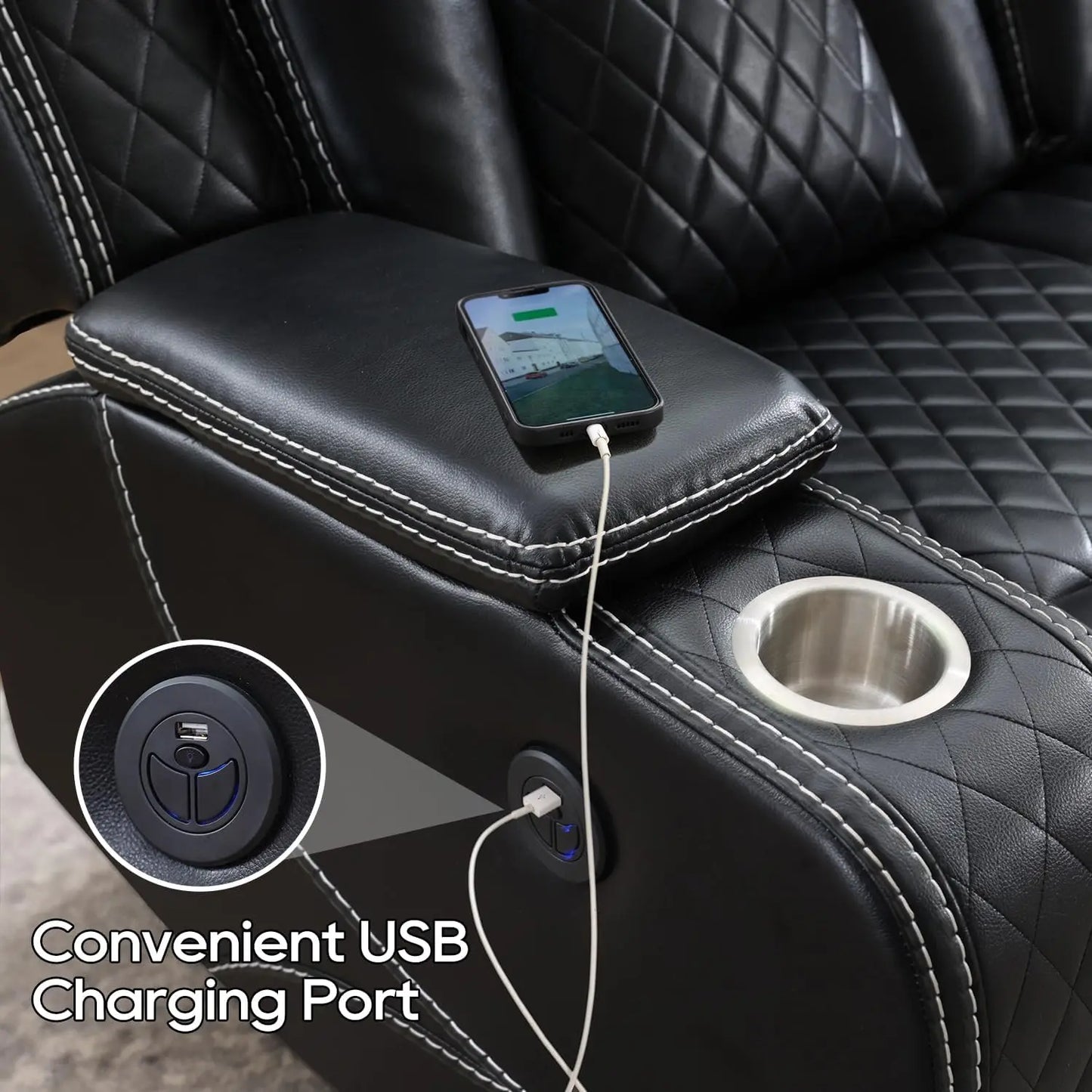 Power Reclining Sofa with Wireless Charger & LED Lights – Modern Living Room Couch with USB Ports & Cup Holders