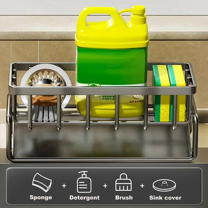Carbon Steel Kitchen Sink Organizer – Compact Countertop Storage Rack with Drain Tray and Utensil Holder
