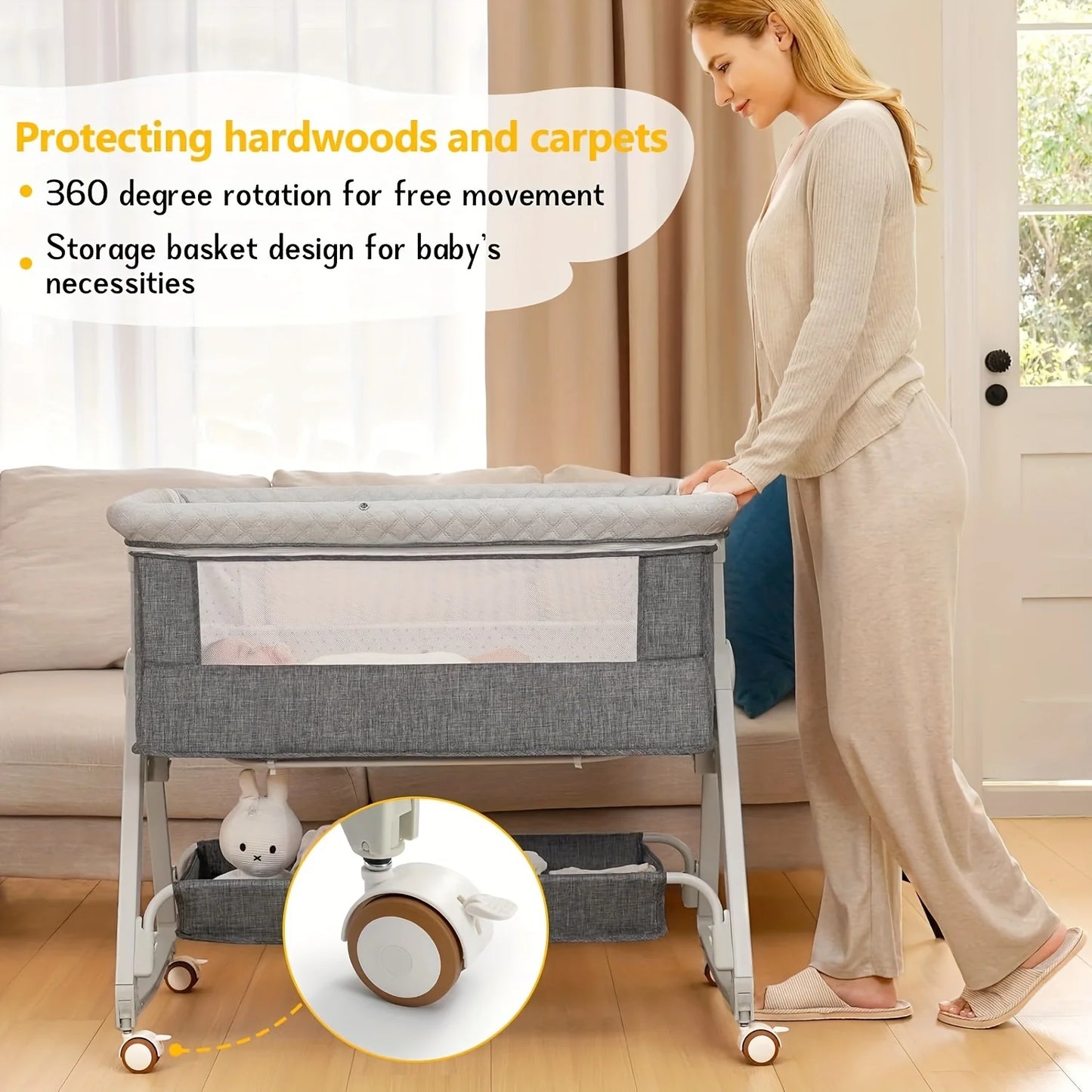 3-in-1 Bedside Bassinet Sleeper – Convertible Baby Crib with Adjustable Height and Portable Folding Design