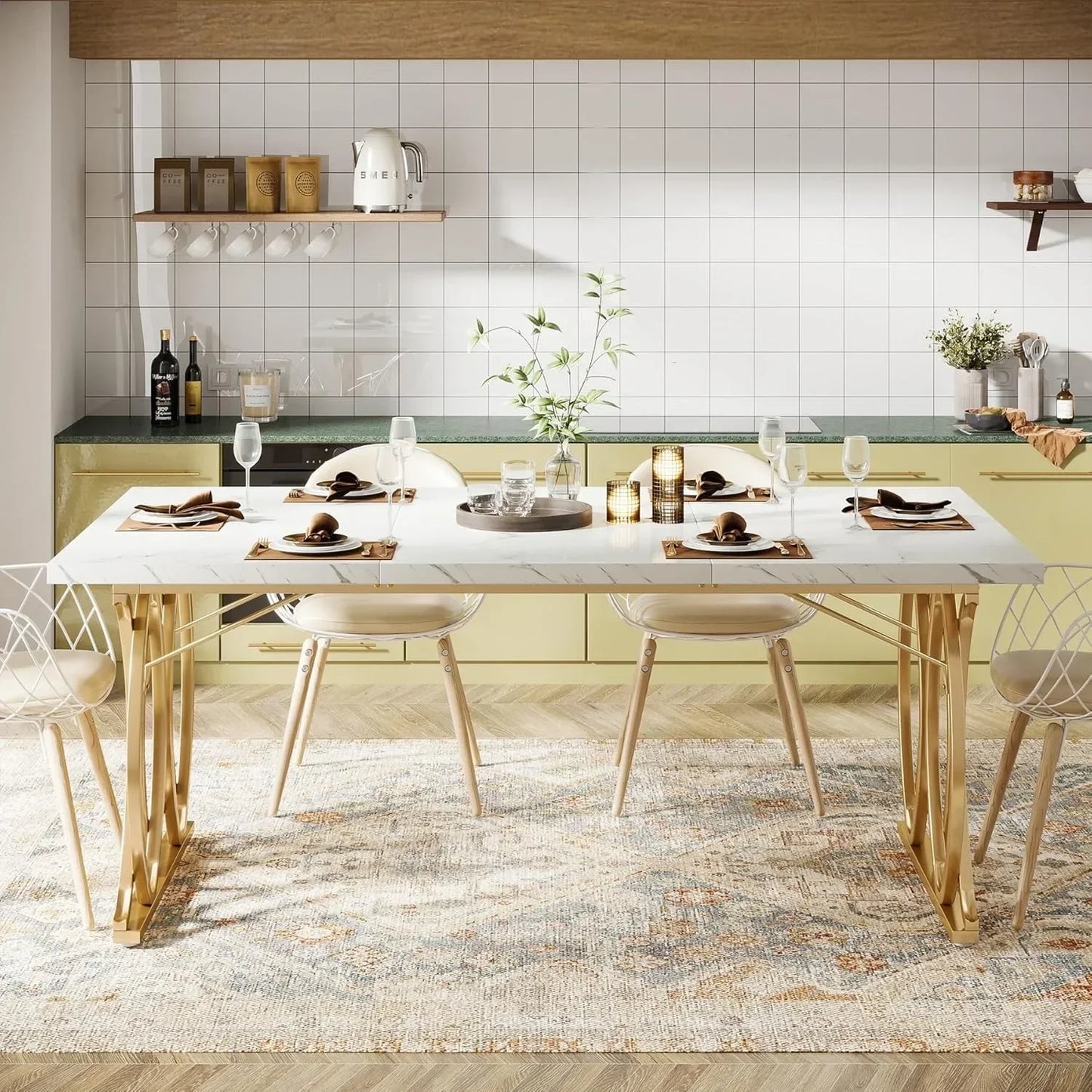 63" Modern Dining Table with Brass Accents – Large Rectangular Statement Table for Kitchen & Dining Room