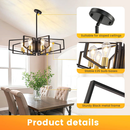 8-Light Geometric Chandelier Black Frame Golden Accents