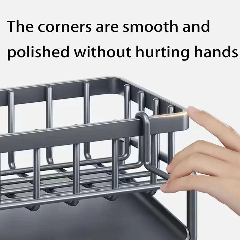 Carbon Steel Kitchen Sink Organizer – Compact Countertop Storage Rack with Drain Tray and Utensil Holder