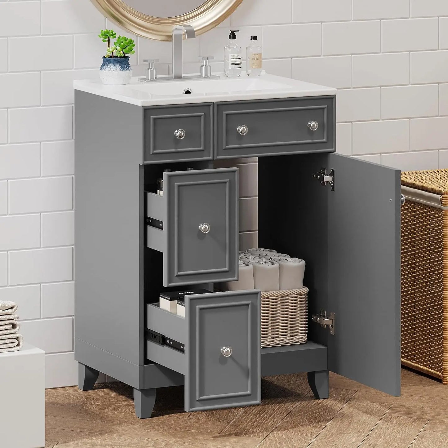 24" Floating Bathroom Vanity with Undermount Sink – Modern Soft-Close Wall Mount Cabinet with Storage