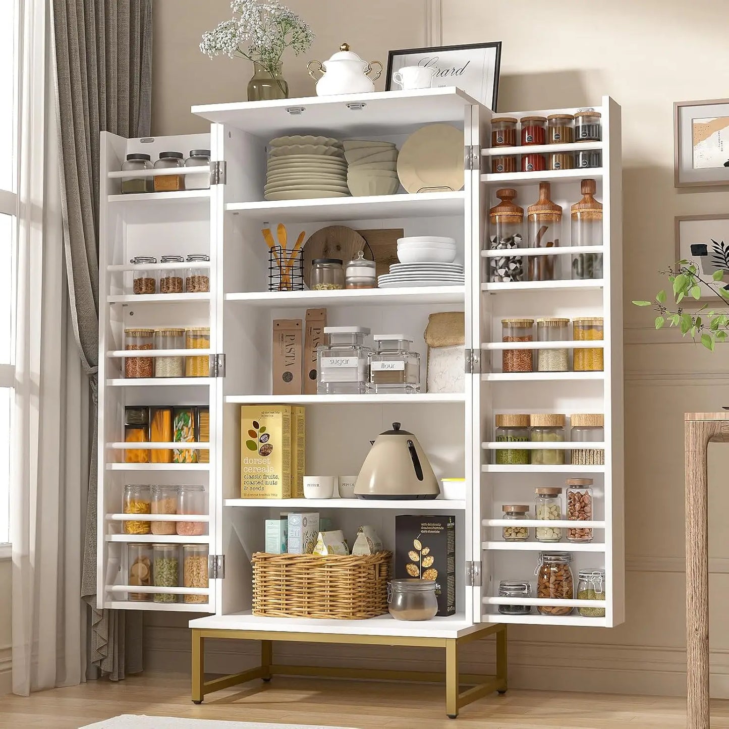 Freestanding Pantry Cabinet with Adjustable Shelves – Tall Kitchen Storage Organizer for Food & Essentials