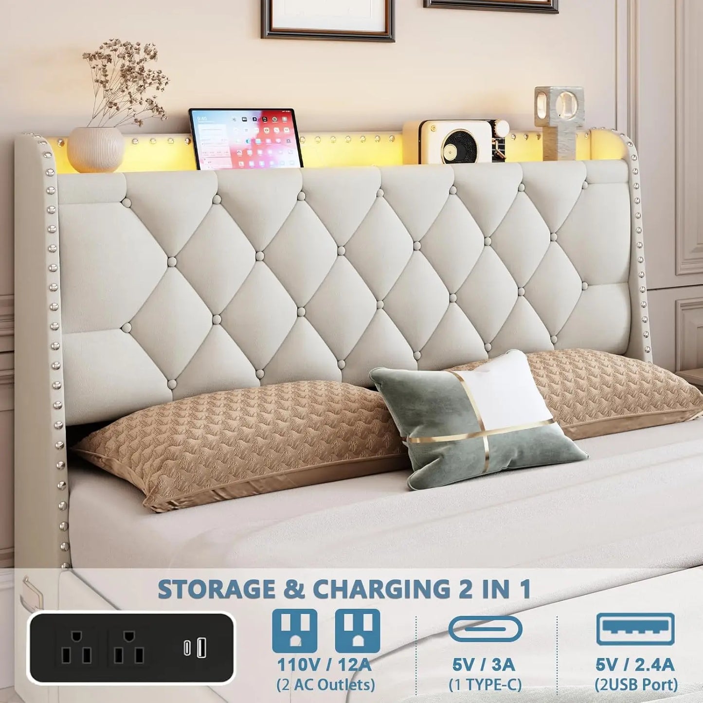 Upholstered Queen Platform Bed with Charging Station – Modern Headboard with USB Ports & Storage