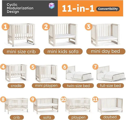 Convertible Crib with Adjustable Height – Baby Crib to Toddler Daybed Nursery Furniture