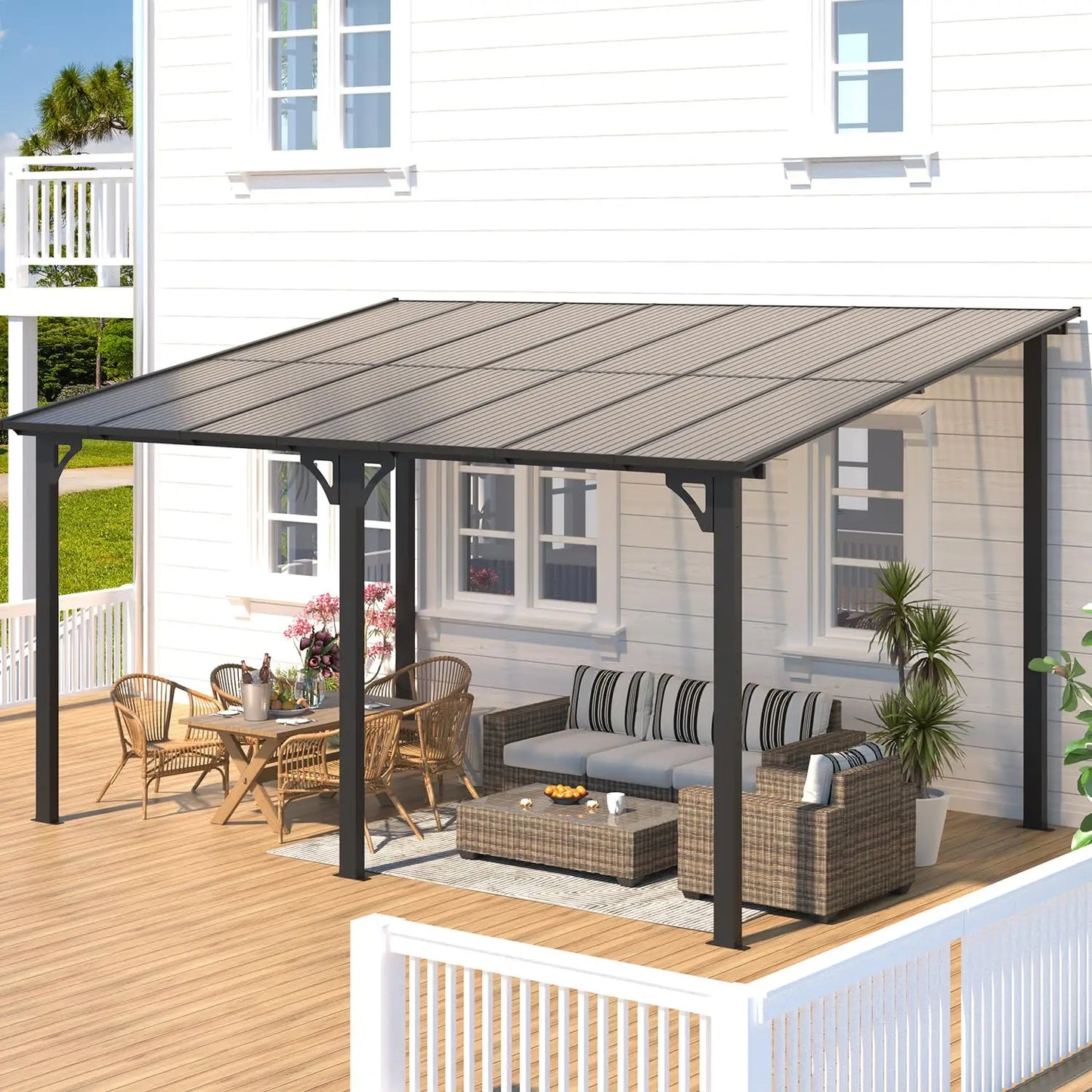 Hard Top Lean-To Gazebo Pergola – Wall-Mounted Steel Roof Patio Cover for Backyard & Outdoor Living